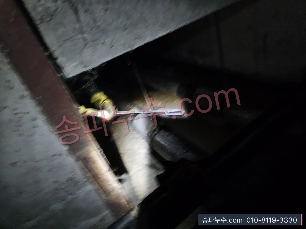 손전등으로 지하 안쪽 수위와 배관을 확인하는 장면